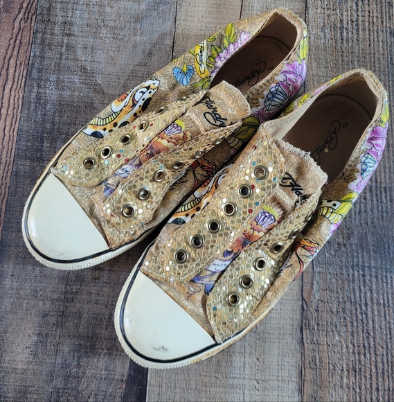 Ed Hardy Colorful Slip-On Sneakers with Gold Accents, Women's 8 - Picture 2 of 10
